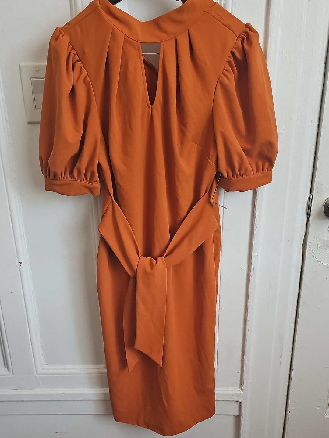 New York & Company Rust Orange Puff-Sleeve Tie-Waist Midi Dress